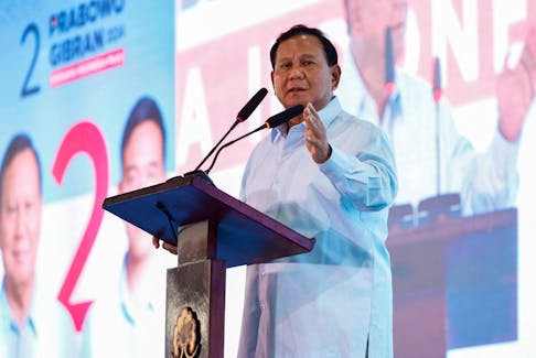 Indonesia's Defence Minister and presidential candidate Prabowo Subianto delivers his speech in front of Indonesian advocate alliance, during his campaign rally in Jakarta, Indonesia, January 26, 2024.