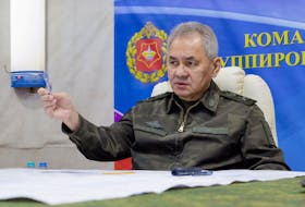 Russia's Defence Minister Sergei Shoigu attends a meeting at a Russian military command centre in a location given as Russian-controlled Ukraine, in this picture released February 24, 2024. Russian Defence Ministry/Handout via