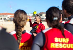 Bondi Beach Inflatable Rescue Boat (IRB) Racing team captain Nixy Krite talks to lifesavers on Bondi Beach in Sydney, Australia February 17, 2024.
