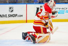 Dustin Wolf made 20 saves to get the victory in his hometown as the Calgary Flames defeated the San Jose Sharks 3-2 in overtime at the SAP Center in San Jose on Tuesday, April 9,2024. 