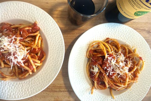 Amatriciana is a classic pasta from central Italy featuring guanciale (cured pork jowl) and crushed tomatoes.