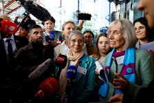 Anne Mahrer and Rosmarie Wydler-Walti, of the Swiss elderly women group Senior Women for Climate Protection, talk to journalists after the verdict of the court in the climate case Verein KlimaSeniorinnen Schweiz and Others v. Switzerland, at the European Court of Human Rights (ECHR) in Strasbourg, France April 9, 2024.