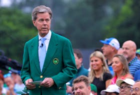 Golf - The Masters - Augusta National Golf Club - Augusta, Georgia, U.S. - April 6, 2023 Chairman of Augusta National Golf Club Fred Ridley stands on the 1st tee during the ceremonial start on the first day of play