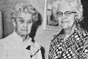 In 1974, Philippa Maynard, left, of Halifax, was the guest of honour for a tea at the home of Mrs. Carl Lockhart, of Windsor. Maynard, who formerly lived in Windsor and was employed at Weaver’s Store and Nova Scotia Textiles Ltd., was celebrating her 90th birthday.