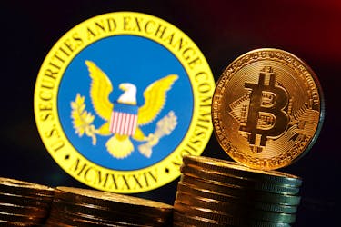 U.S. Securities and Exchange Commission logo and representation of Bitcoin cryptocurrency in this illustration taken, January 11, 2024.