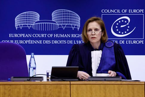 Siofra O'Leary, ECHR Court President, speaks during the verdict on three climate cases, where applicants have argued that government inaction on climate change violates human rights, case Duarte Agostinho and Others v. Portugal and 32 Other States, case Verein KlimaSeniorinnen Schweiz and Others v. Switzerland, and case Careme v France, at the European Court of Human Rights (ECHR) in Strasbourg, France, April 9, 2024.
