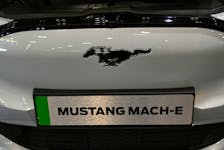 Branding is seen on a Ford Mustang Mach-E electric car displayed at the London EV Show, in London, Britain, November 29, 2022.