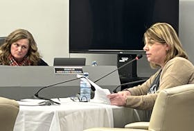 Barrington Municipal councillor Andrea Mood-Nickerson (left) listens to Amy MacKinnon, executive director of the Shelburne County Youth Health and Support Association, during a presentation at the April 9 Committee of the Whole meeting. Kathy Johnson