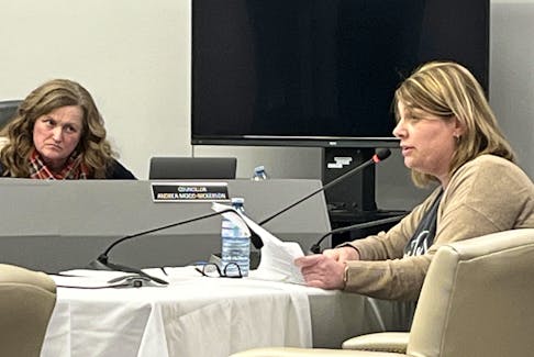 Barrington Municipal councillor Andrea Mood-Nickerson (left) listens to Amy MacKinnon, executive director of the Shelburne County Youth Health and Support Association, during a presentation at the April 9 Committee of the Whole meeting. Kathy Johnson