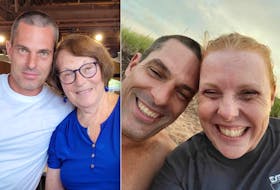 Kathy Birt, with her son Tyler Jorgensen in the left photo and with his partner Amy Martin in the right photo, says she is trying to hold on to happy memories of her son, who died in February.