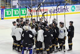 The Cape Breton Eagles huddle up after completing their Thursday morning practice at Centre 200 in Sydney. They will open the second round of the Quebec Maritimes Junior Hockey League playoffs at home against the Chicoutimi Saguenéens on Friday night. LUKE DYMENT/CAPE BRETON POST