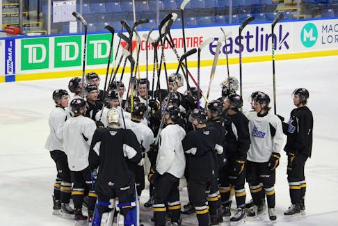 The Cape Breton Eagles huddle up after completing their Thursday morning practice at Centre 200 in Sydney. They will open the second round of the Quebec Maritimes Junior Hockey League playoffs at home against the Chicoutimi Saguenéens on Friday night. LUKE DYMENT/CAPE BRETON POST