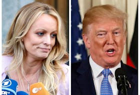 A combination photo shows adult film actress Stephanie Clifford, also known as Stormy Daniels speaking in New York City, and then- U.S. President Donald Trump speaking in Washington, Michigan, U.S. on April 16, 2018 and April 28, 2018 respectively.  .