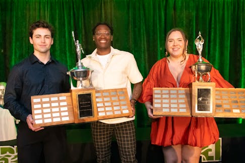UPEI named its 2023-24 athletes of the year at the recent UPEI Panther Celebration – Athletic Awards Gala in Charlottetown. From left: Kaleb Pearson and Kamari Scott, co-recipients of the male award, and Emily Duffy, female winner. Mike Needham Photo/UPEI • Special to The Guardian