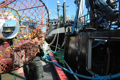 Crew members of the fishing vessel Dalton Princess load crab pots from a trailer onto the boat at the St. John’s Harbour waterfront Thursday afternoon, April 11. Joe Gibbons • The Telegram