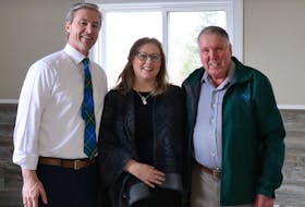 Pictou West MLA, Karla MacFarlane, centre, marked her final day as MLA announcing a $3.2 million investment into improving wastewater infrastructure for the community of Salem. Premier Tim Houston, left, and MOPC Warden Robert Parker joined her in the announcement highlighting how important this investment is to the community. ANGELA CAPOBIANCO