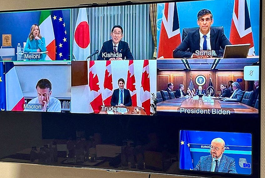 G7 leaders discuss Iranian attack on Israel over a video meeting in this picture obtained from social media, Brussels, Belgium, April 14, 2024. Charles Michel via X/via REUTERS
