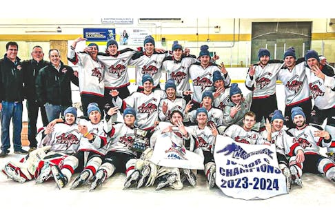 The South West Storm have three-peated as the Hockey Nova Scotia Junior C champions, winning the best-of-seven championship series against the East Hants Penguins in the Nova Scotia Regional Junior Hockey League on April 14. FRANKIE CROWELL PHOTO