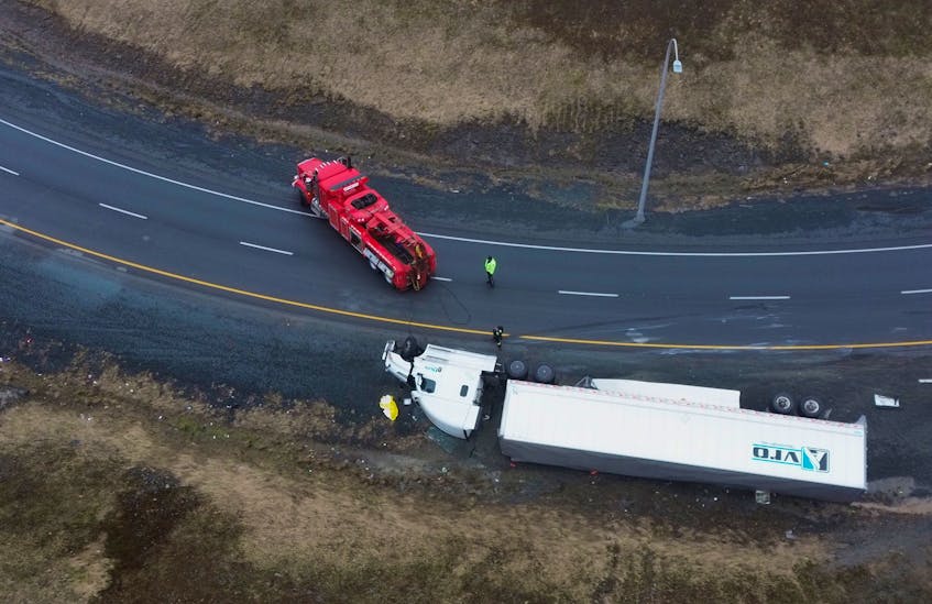 Overturned transport truck causes traffic delays in Dartmouth