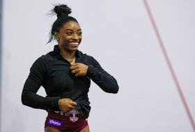 Simone Biles smiles during the second day of a two-day media event with the USA Gymnastics team ahead of the 2024 Olympics in Katy, Texas, U.S. February 5, 2024. 