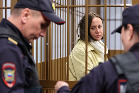 Russian playwright Svetlana Petriychuk, detained on suspicion of justifying terrorism, attends a court hearing in Moscow, Russia May 5, 2023.