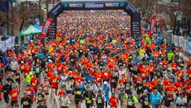Thousands participate in the 2023 Sun Run in Vancouver on April 16, 2023.