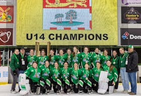 The P.E.I. Wave defeated Ontario Team One 4-1 to win the Eastern Canadian under-14 ringette championship in Charlottetown on April 14. It marked the first time a P.E.I. team has won an Eastern Canadian ringette championship at the under-14 level. Members of the Wave are, front row, from left, Sarah MacLean, Molly Casford, Airlie Matheson, Jessie MacDonald, Teagan McNeil, Allie Bailey, Klody Maud Mazerolle and Madeleine Breen. Back row, from left, are Brittney MacCormac (head coach), Terry MacCormac (assistant coach), Meleah Veld, Summer Britton, Mariah Ralph, Avery Andrews, Sadie Hughes, Sarah Dowling, Charlotte Trainor, Jenell Thompson, Peyton Richards, Georgia Fraser (assistant coach), Callie Veld (assistant coach) and Tyler Larter (assistant coach). Contributed