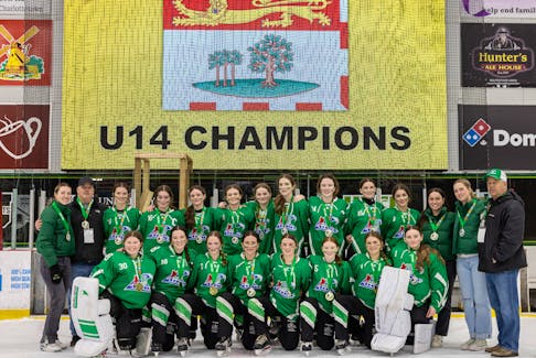 The P.E.I. Wave defeated Ontario Team One 4-1 to win the Eastern Canadian under-14 ringette championship in Charlottetown on April 14. It marked the first time a P.E.I. team has won an Eastern Canadian ringette championship at the under-14 level. Members of the Wave are, front row, from left, Sarah MacLean, Molly Casford, Airlie Matheson, Jessie MacDonald, Teagan McNeil, Allie Bailey, Klody Maud Mazerolle and Madeleine Breen. Back row, from left, are Brittney MacCormac (head coach), Terry MacCormac (assistant coach), Meleah Veld, Summer Britton, Mariah Ralph, Avery Andrews, Sadie Hughes, Sarah Dowling, Charlotte Trainor, Jenell Thompson, Peyton Richards, Georgia Fraser (assistant coach), Callie Veld (assistant coach) and Tyler Larter (assistant coach). Contributed