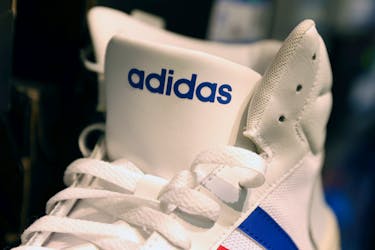 An Adidas shoe is seen in a store at the Woodbury Common Premium Outlets in Central Valley, New York, U.S., February 15, 2022.