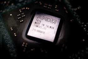 The logo of semiconductor company Advanced Micro Devices Inc (AMD) is seen on a graphics processing unit (GPU) chip in this illustration picture taken February 17, 2023.