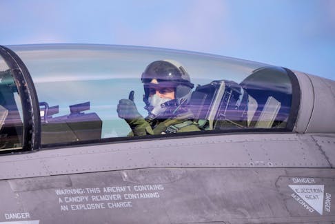 Argentina's Minister of Defence Luis Alfonso Petri arrives in a Danish F-16 aircraft at Skrydstrup Airport where he meets with Denmark's Minister of Defence Troels Lund Poulsen, in Jutland, Denmark, April 16, 2024. Ritzau Scanpix/Bo Amstrup via REUTERS