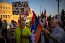 Members of the Armenian community protest over the evolving situation in Nagorno-Karabakh, where tens of thousands of ethnic Armenians have fled their homes, in Athens, Greece, October 1, 2023.
