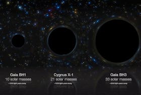An artist's impression compares side-by-side three stellar black holes in our galaxy: Gaia BH1, Cygnus X-1 and Gaia BH3, whose masses are 10, 21 and 33 times that of the Sun respectively, in this handout image obtained by Reuters on April 16, 2024.   European Southern Observatory/M. Kornmesser/Handout via REUTERS