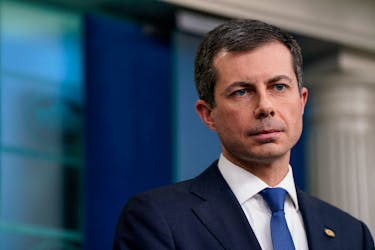 U.S. Secretary of Transportation Pete Buttigieg attends a press briefing the day after the collapse of the Francis Scott Key Bridge in Baltimore, at the White House in Washington, U.S., March 27, 2024.
