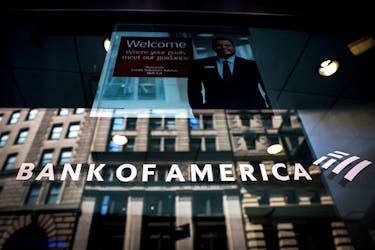 A Bank of America logo is seen on the entrance to a Bank of America financial center in New York City, U.S., July 11, 2023. 