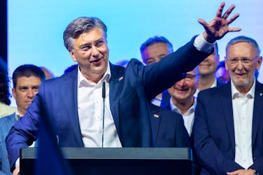 Croatian Prime Minister and Croatian Democratic Union (HDZ) party chief Andrej Plenkovic attends an election rally in Zagreb, Croatia, April 14, 2024.