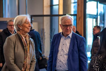 President of the ECB Christine Lagarde and Governor of the Bank of Finland Olli Rehn arrive at the non-monetary policy meeting of the European Central Bank Governing Council in Inari, Finnish Lapland, Finland February 22, 2023.  Lehtikuva/Tarmo Lehtosalo via