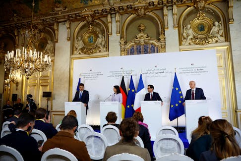 European Commissioner Janez Lenarcic, German Foreign Minister Annalena Baerbock, French Foreign and European Affairs Minister Stephane Sejourne, and European Union foreign policy chief Josep Borrell attend a joint news conference as part of an International Humanitarian Conference for Sudan and Neighbouring Countries at the Quai d'Orsay in Paris, France, April 15, 2024.