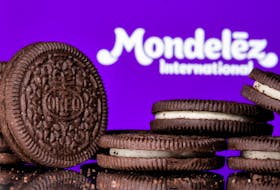 Oreo biscuits are seen displayed in front of Mondelez International logo in this illustration picture taken July 26, 2021. Picture taken July 26, 2021.