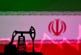 Iranian flag with stock graph and an oil pump jack miniature model are seen in this illustration taken October 9, 2023.