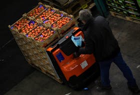 A worker moves some tomatoes at the wholesale fruits and vegetables market in Hamburg Germany March 13, 2018.