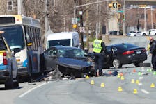 Halifax regional police investigate a three car MVA involving a transit bus on Barrington Street between Cornwallis and North Street in Halifax Tuesday, April 16, 2024. Two  people were taken to hospital with serious but non life threatening injuries.

TIM KROCHAK PHOTO