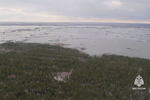 A view from a helicopter shows a flooded area in the Kurgan Region, Russia, in this still image taken from video released April 9, 2024. Russian Emergencies Ministry/Handout via