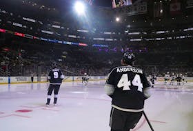 Apr 15, 2024; Los Angeles, California, USA; LA Kings defenseman Mikey Anderson (44) enters the ice against the Minnesota Wild at Crypto.com Arena. Mandatory Credit: Kirby Lee-USA TODAY Sports