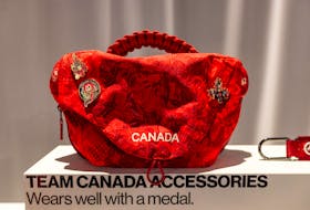 A bag is displayed at the reveal of lululemon's Team Canada uniforms for the Paris 2024 Olympics, in Toronto, Canada, April 16, 2024. 
