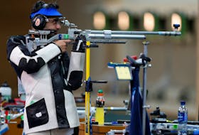 India's Abhinav Bindra, winner of the men's 10m air rifle shooting event at the 2014 Commonwealth Games in Glasgow, Scotland, July 25, 2014.