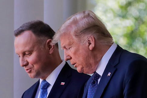 U.S. President Donald Trump arrives for a joint news conference with Poland's President Andrzej Duda in the Rose Garden at the White House in Washington, U.S., June 24, 2020.
