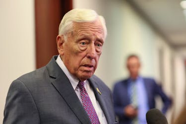 U.S. Representative Steny Hoyer (D-MD) speaks with the media as he walks to a democratic caucus meeting to nominate their own candidate for the next Speaker of the House, after Kevin McCarthy was ousted as Speaker, at the U.S. Capitol in Washington, U.S., October 10, 2023.