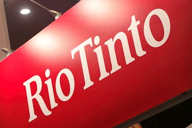 The Rio Tinto logo is displayed above the global mining group's booth at the Prospectors and Developers Association of Canada (PDAC) annual conference in Toronto, Ontario, Canada March 7, 2023.