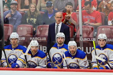 Apr 13, 2024; Sunrise, Florida, USA; Buffalo Sabres head coach Don Granato looks on against the Florida Panthers during the third period at Amerant Bank Arena. Mandatory Credit: Sam Navarro-USA TODAY Sports